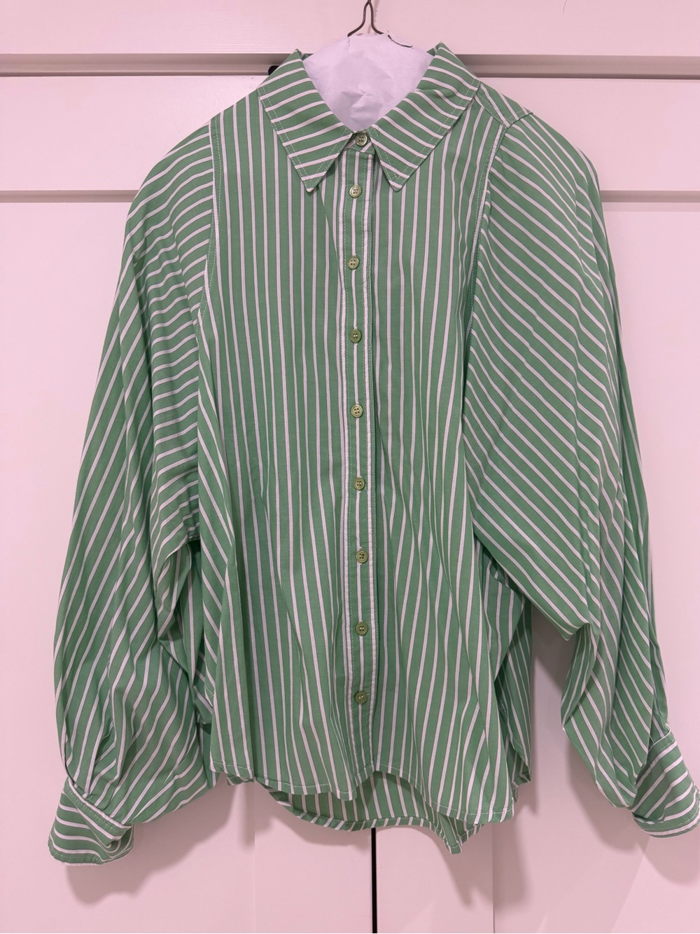 Easel Green & White Striped Balloon Sleeve Button Front Blouse Size Small